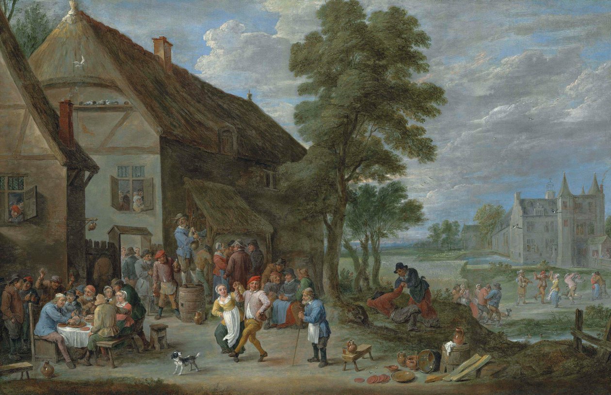 Dansende boeren voor een herberg in Perck, met daarachter Kasteel de Drij Toren door David Teniers the Younger