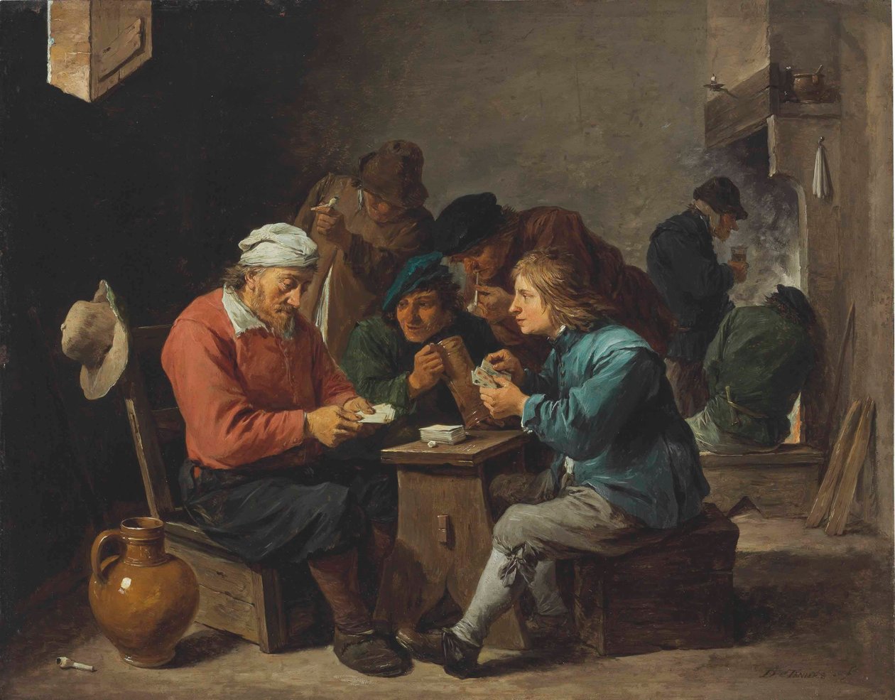 Boeren aan het kaarten in een interieur door David Teniers the Younger