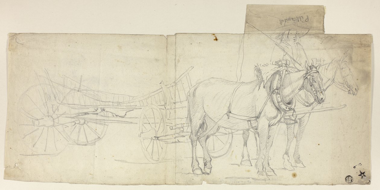 Tweespan met koetsier, trekkend (recto); Schetsen van voorovergebogen vrouwen (verso) door David Teniers the Younger
