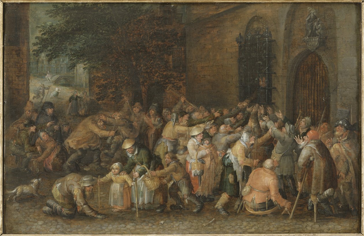 Het uitdelen van aalmoezen, ca. 1610 door David Vinckeboons