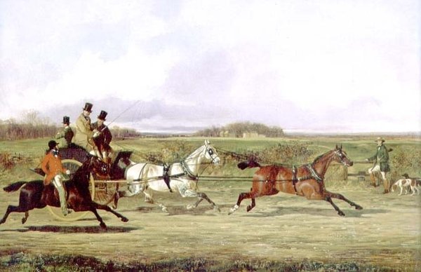 Een Jager die een Tandem Passeert met een Sportman bij een Hek door David of York Dalby
