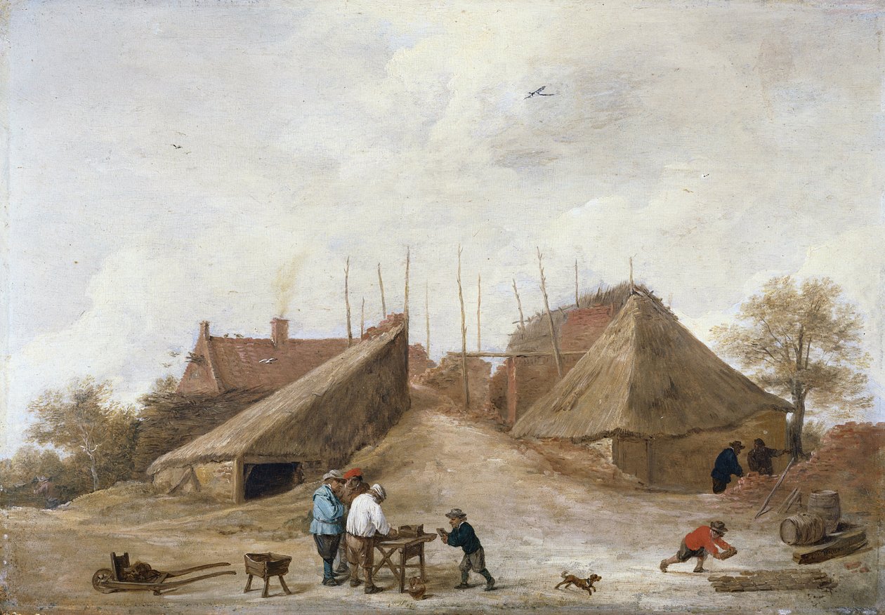 Een boerenerf met figuren rond een tafel door David Teniers the Younger