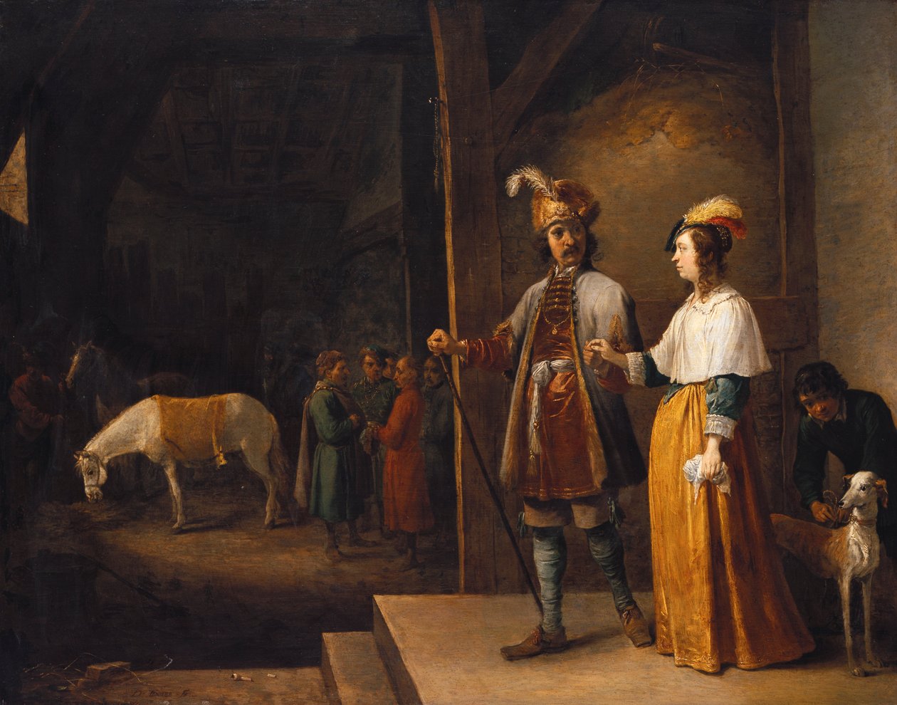 Een dame en een heer die een stal binnengaan door David Teniers the Younger