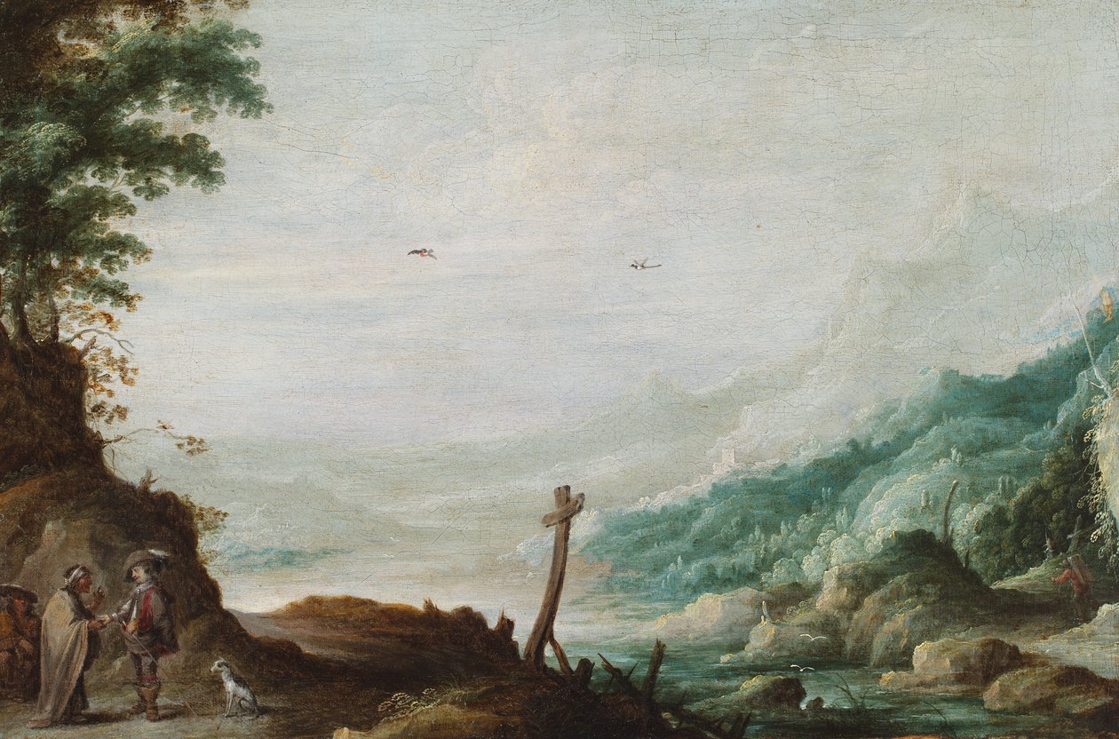 Een bergachtig rivierlandschap met een waarzegster (olieverf op paneel) door David the Younger Teniers