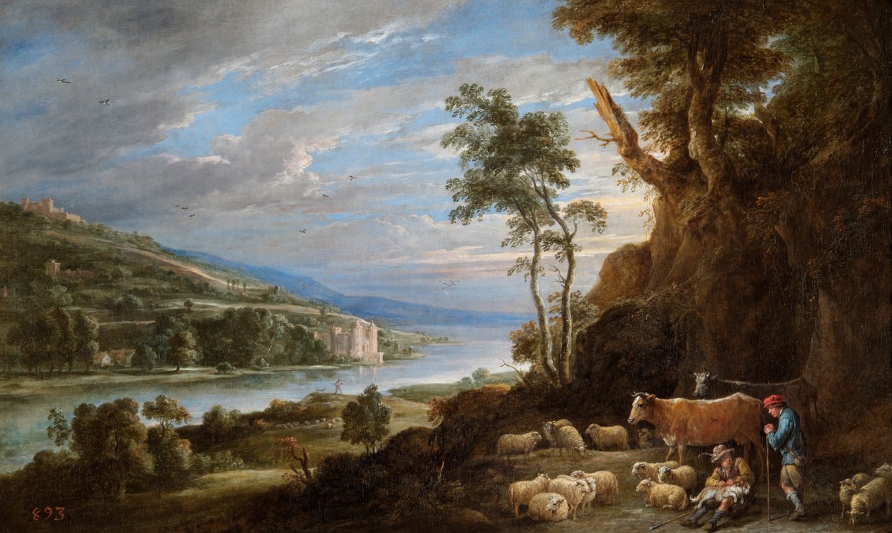 Landschap met herders en een verre blik op een kasteel door David Teniers the Younger