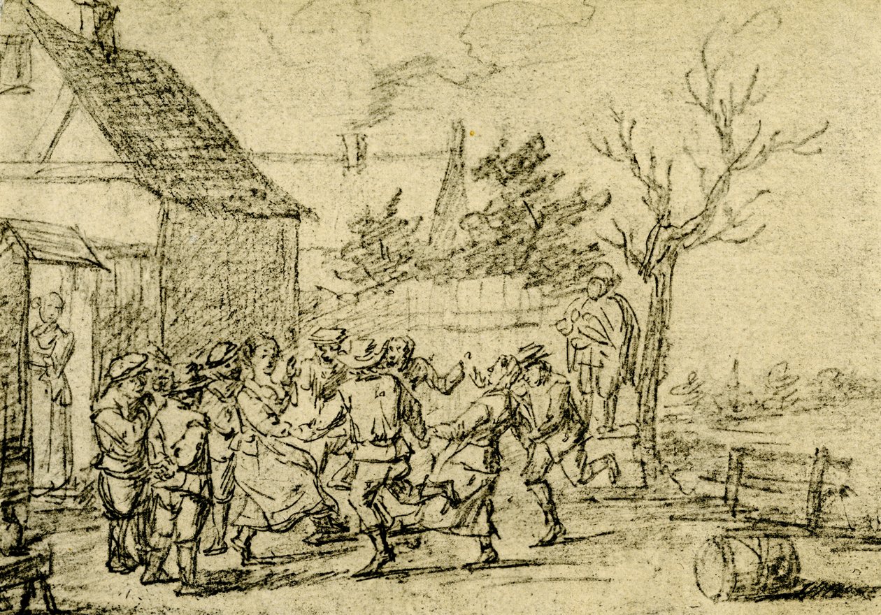 Boeren dansen voor een huis door David Teniers the Younger