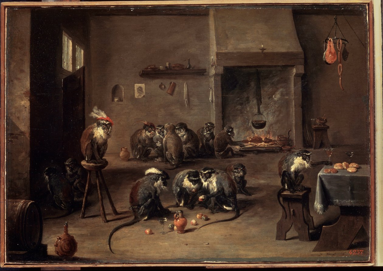 Apen in de keuken door David Teniers the Younger