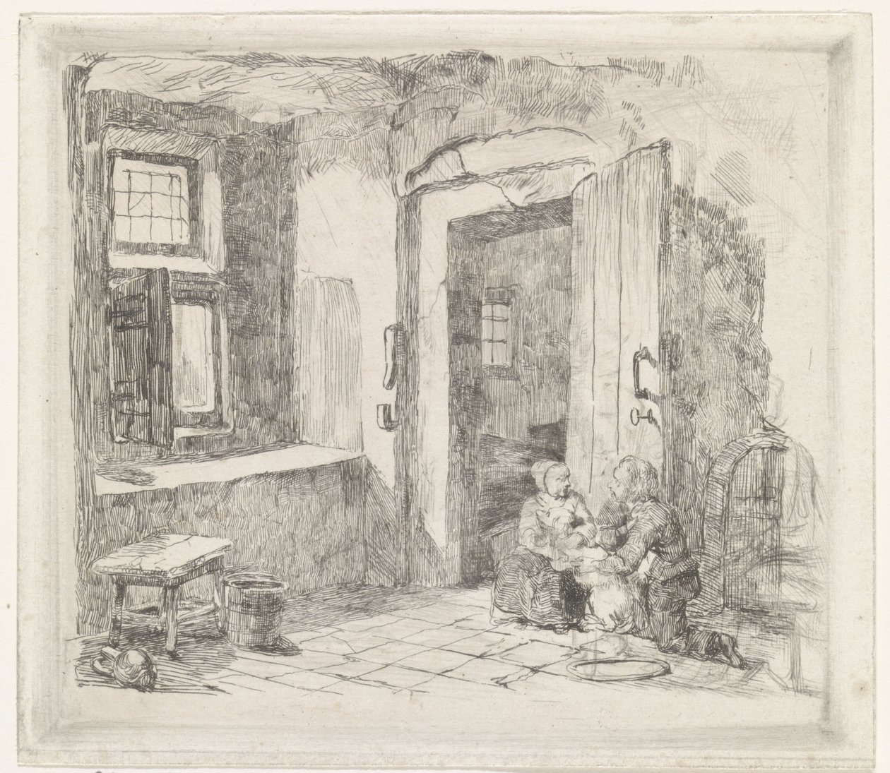 Interieur met openstaande deur door David van der Kellen