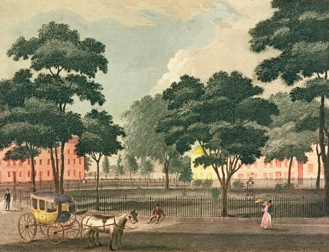Uitzicht op de Bowling-Green, Broadway, getekend en gegraveerd voor de New York Mirror, 1830 door Davis