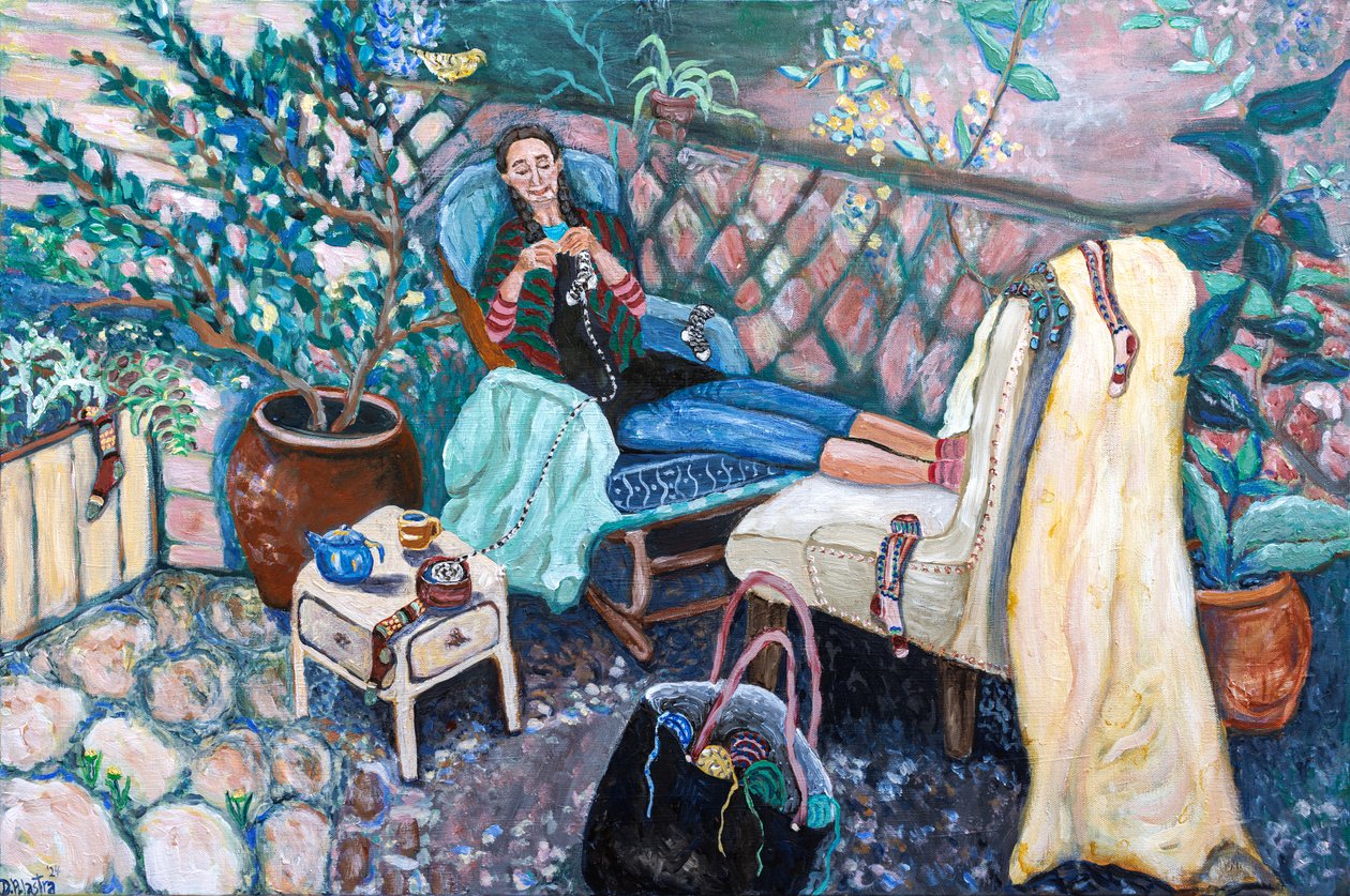 De sokkenmaker, 2024 (acryl op doek) door Deborah Eve Alastra