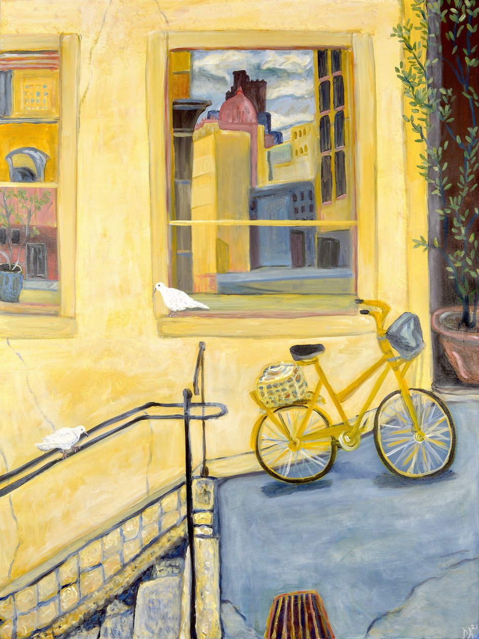 Gele fiets, 2022 (acrylverf op doek) door Deborah Eve Alastra