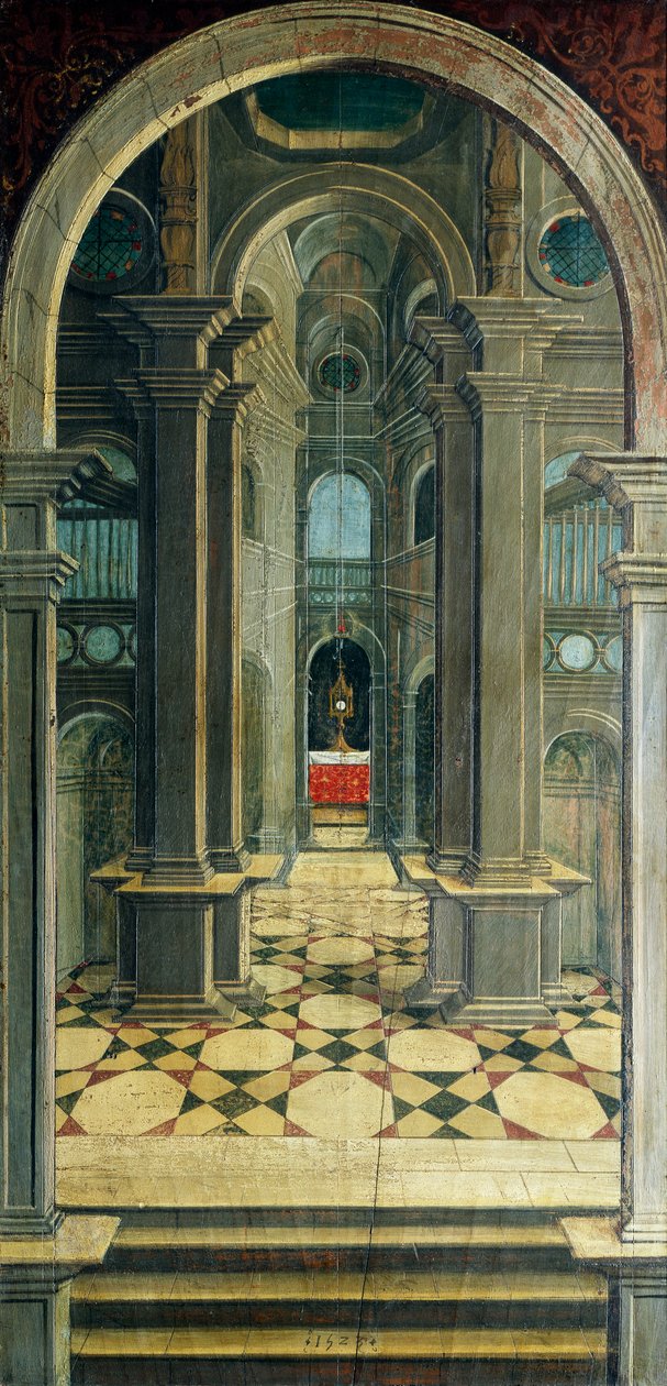 Perspectief geschilderd door Defendente Ferrari, op het achterste gedeelte van het 16e-eeuwse koor, Kerk van Sint Hiëronymus, Biella, Italië door Defendente Ferrari