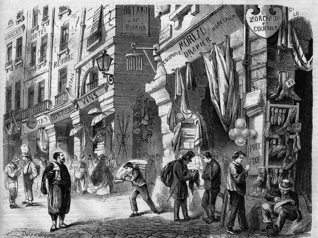 Parijs, uitzicht op de overdekte galerijen op de begane grond van de huizen van de rue de la Tonnelerie, ook wel de pilaren van de Halles genoemd, gravure naar de tekening van Delannoy, in 