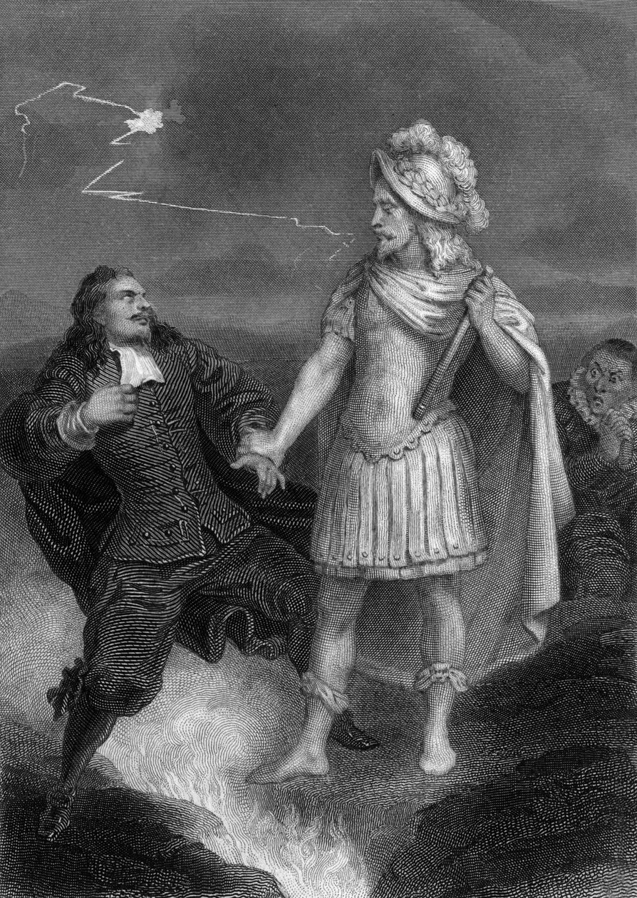 Toneelstuk Don Juan van Moliere: Don Juan met het standbeeld van de commandant, gravure van Delannoy naar een tekening van G. Staal (1870) door Delannoy Delannoy