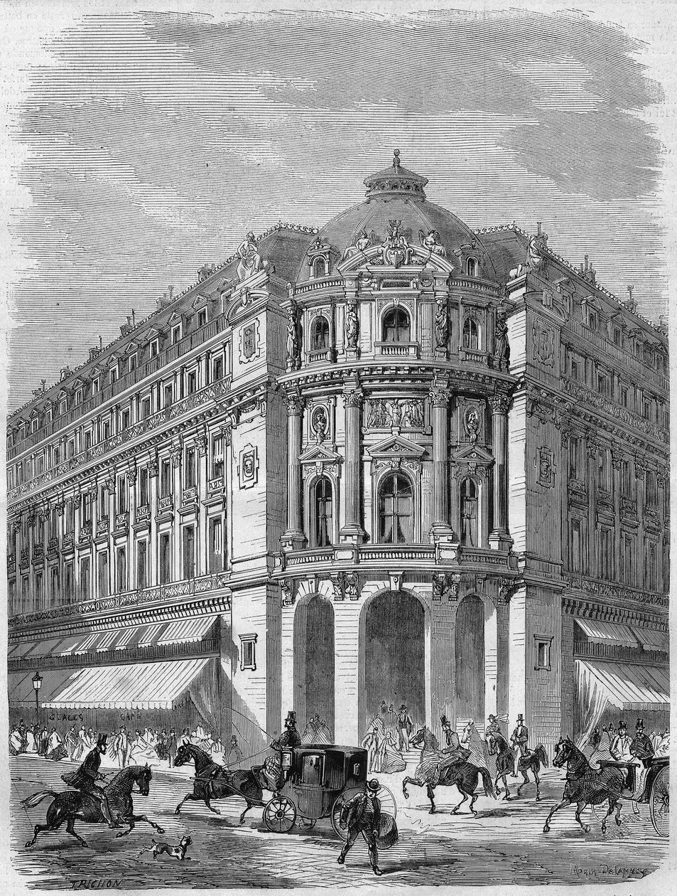 Project van de gevel van het nieuwe theater van Vaudeville op de hoek van Boulevard des Capucines en Rue de la Chaussée-d