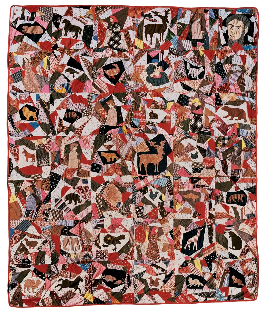 Applicatie en Gekke Quilt met Abraham Lincoln en Dieren, 1870-1880 door Delphia Noice Haskins