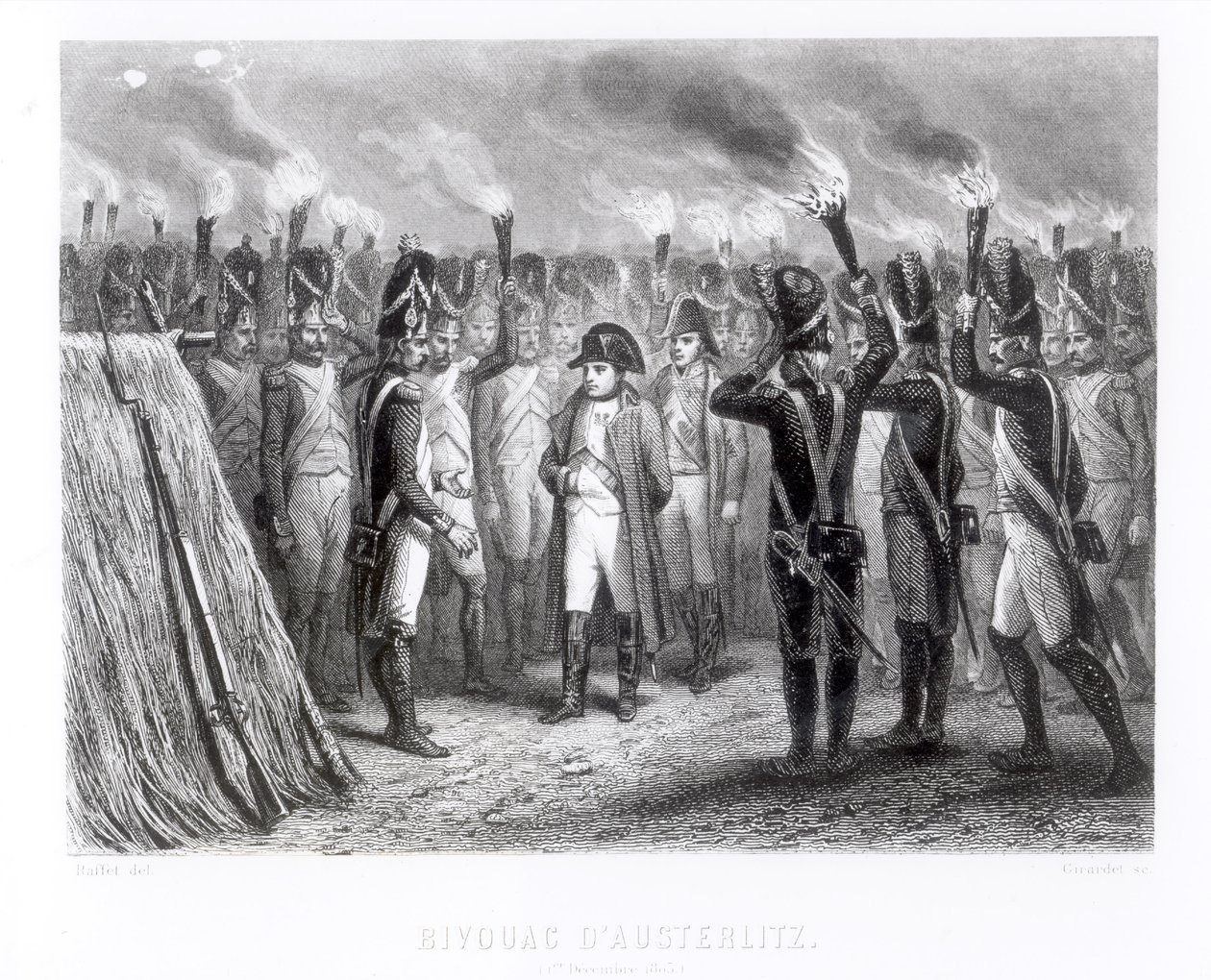 De Nachtwacht bij Austerlitz (gegraveerd door E. Giradel) door Denis Auguste Marie Raffet
