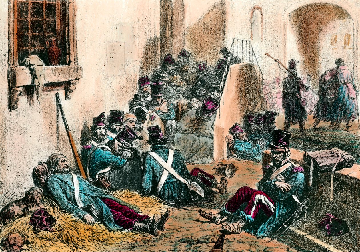 Tyfus tijdens de Napoleontische oorlogen Soldaten van het Franse leger lijden aan koorts veroorzaakt door ziekte. Gravure door Denis Auguste Raffet (1804-1860) 19e eeuw. Privécollectie door Denis Auguste Marie Raffet