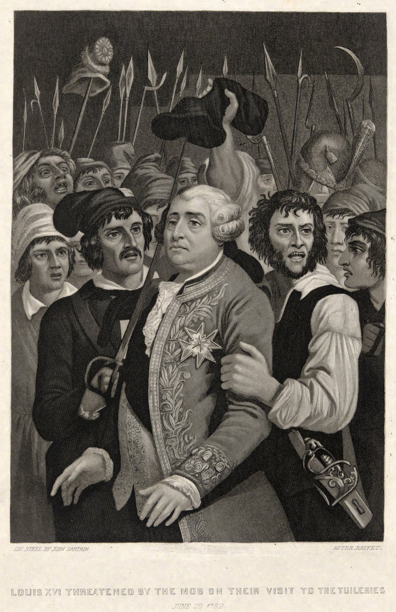 Lodewijk XVI bedreigd door de menigte tijdens hun bezoek aan de Tuilerieën, 20 juni 1792 door Denis Auguste Marie (after) Raffet