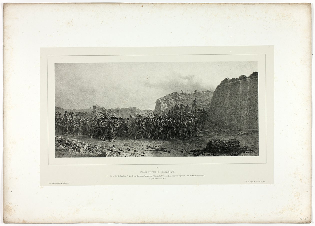 Aanval en verovering van bastion nr. 6, uit Souvenirs d’Italie: Expédition de Rome door Denis Auguste Marie Raffet