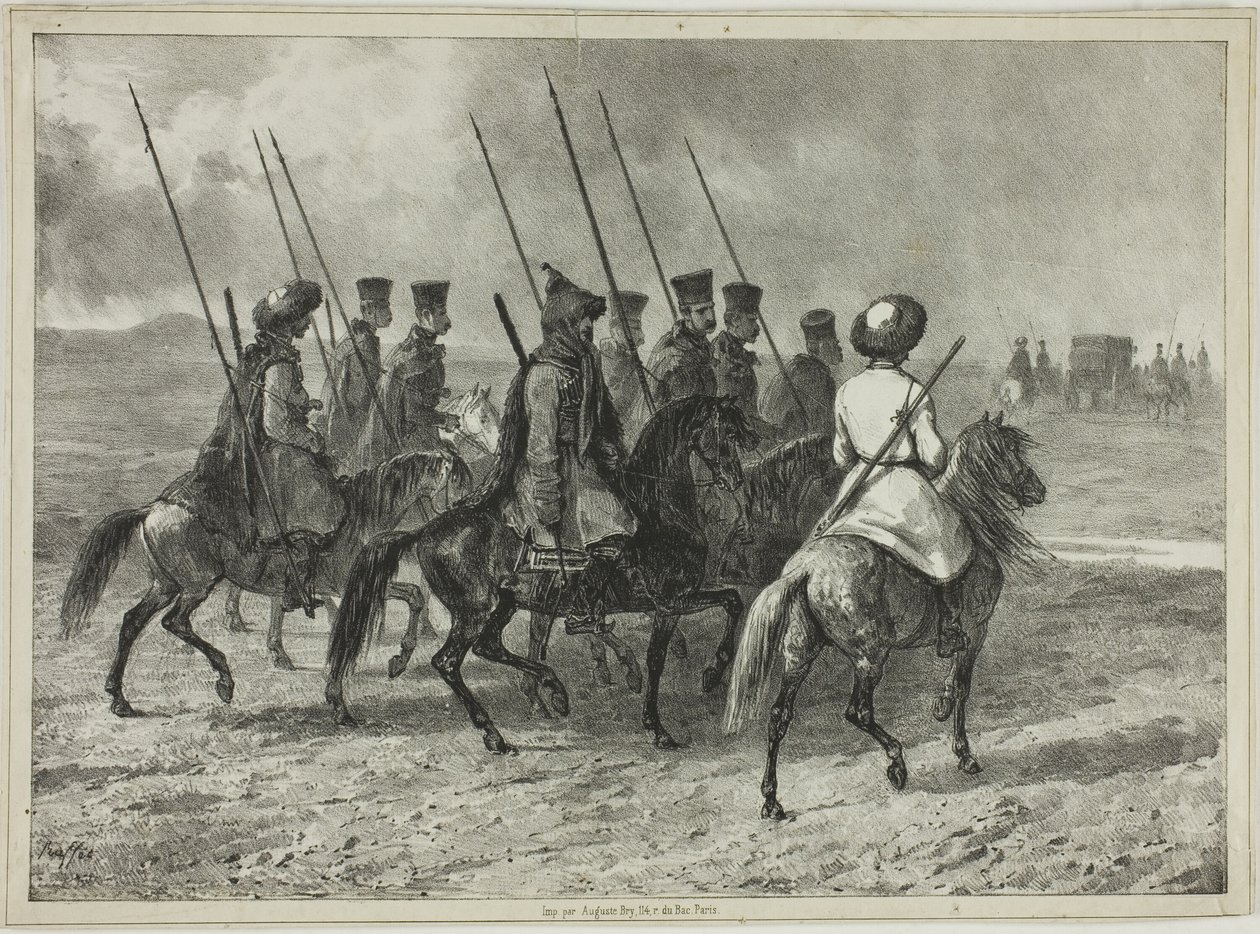 Kozakkenescorte naar de Grens van Koeban, Taman (Centraal Rusland), 11 oktober 1837 door Denis Auguste Marie Raffet