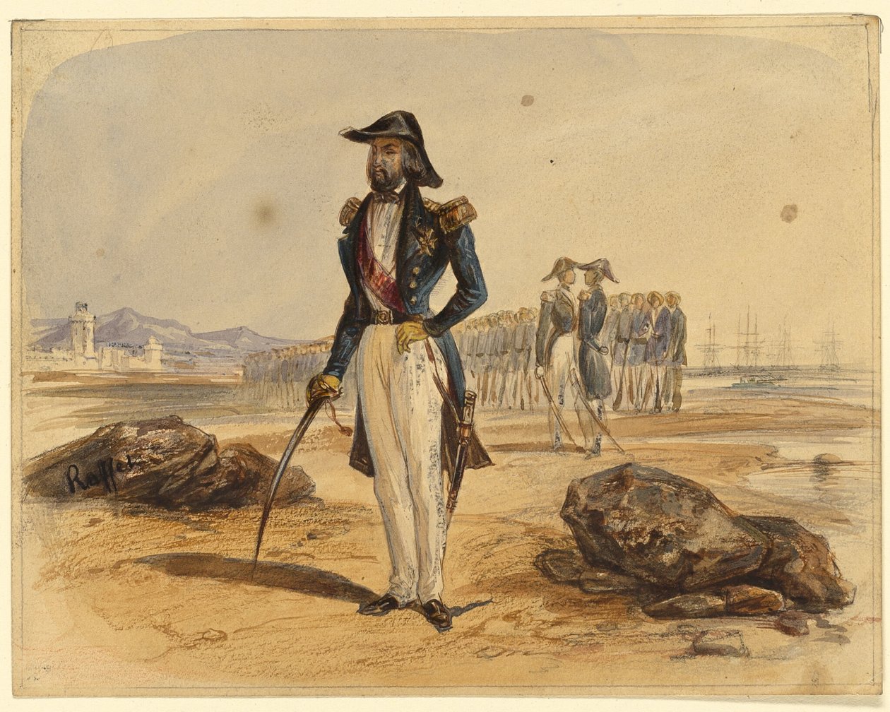 Generaal met troepen op achtergrond door Denis Auguste Marie Raffet