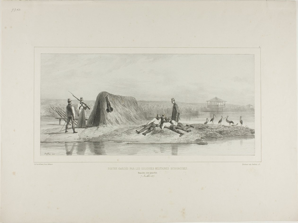 Wachtpost voor de Hongaarse militaire kolonies, linkeroever van de Donau, 7 juli 1837 door Denis Auguste Marie Raffet