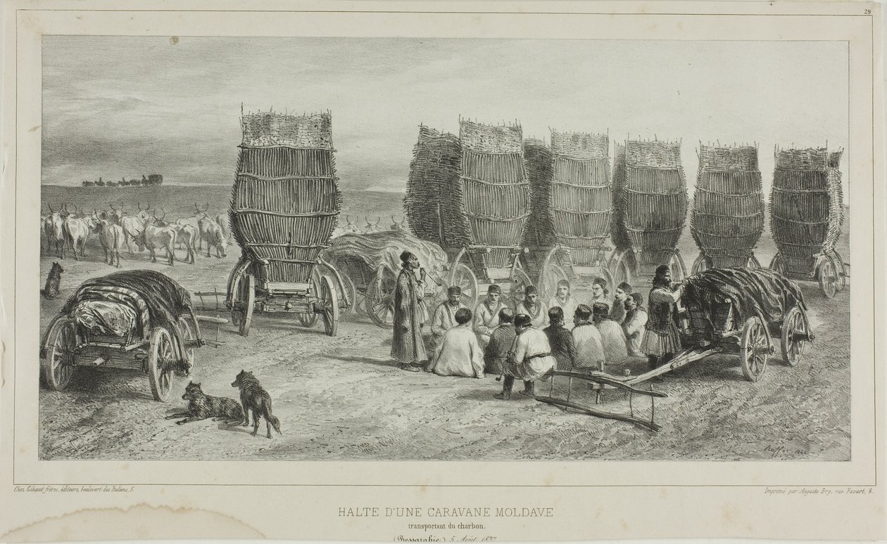 Halteplaats van een Moldavische karavaan die kolen vervoerde, Bessarabië, 5 augustus 1837 door Denis Auguste Marie Raffet