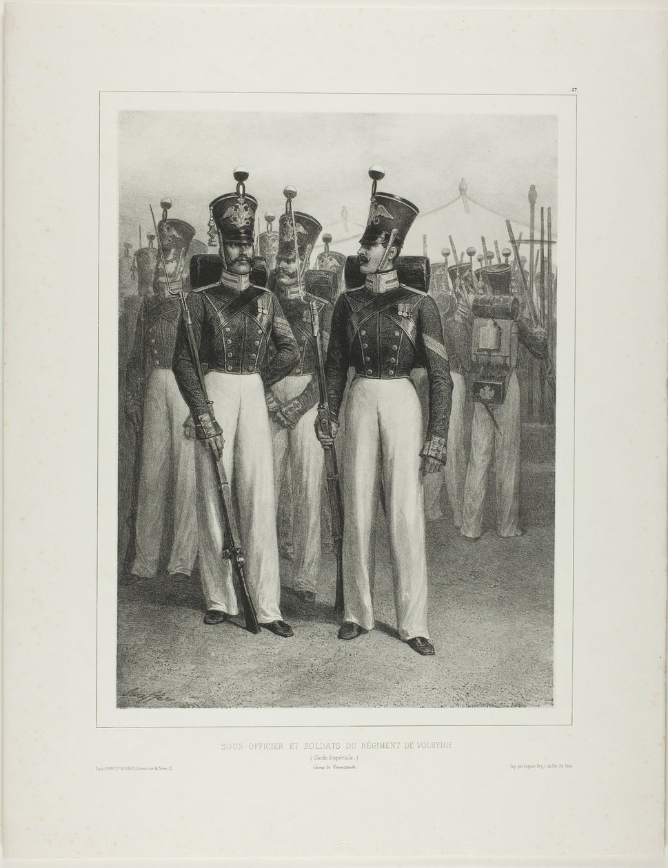 Onderofficier en soldaten van het Volhynie Regiment (Keizerlijke Garde), Kamp Vosnessensk door Denis Auguste Marie Raffet