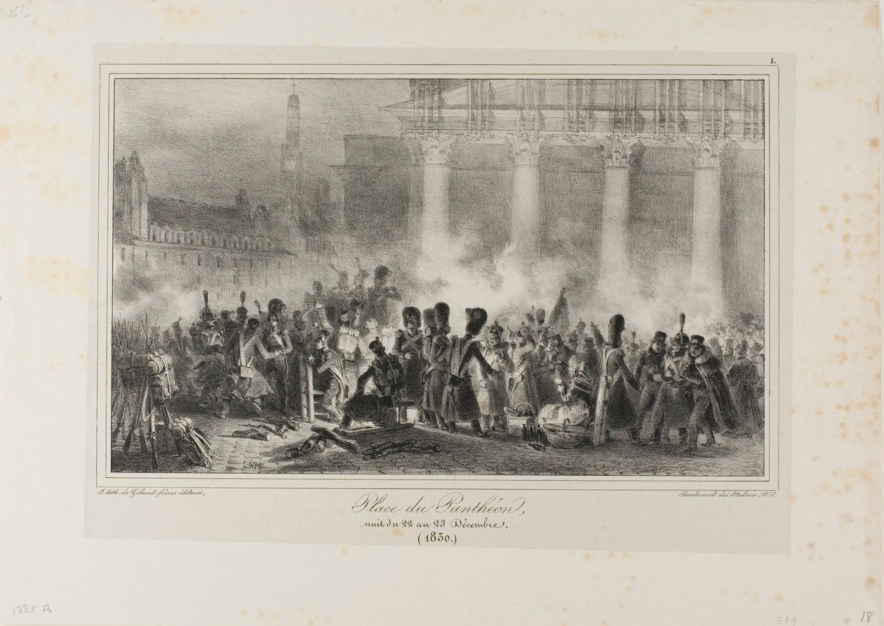Place du Panthéon, nacht van 22 op 23 december 1830 door Denis Auguste Marie Raffet