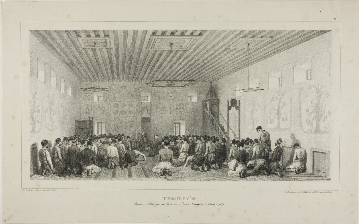 Biddende Tartaren, Istrimdjami-Kara-sou-Bazar, Krim, 19 oktober 1837 door Denis Auguste Marie Raffet