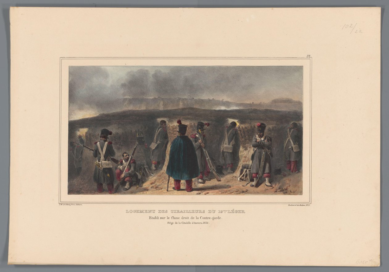 Schutters achter een borstwering, 1832 door Denis Auguste Marie Raffet