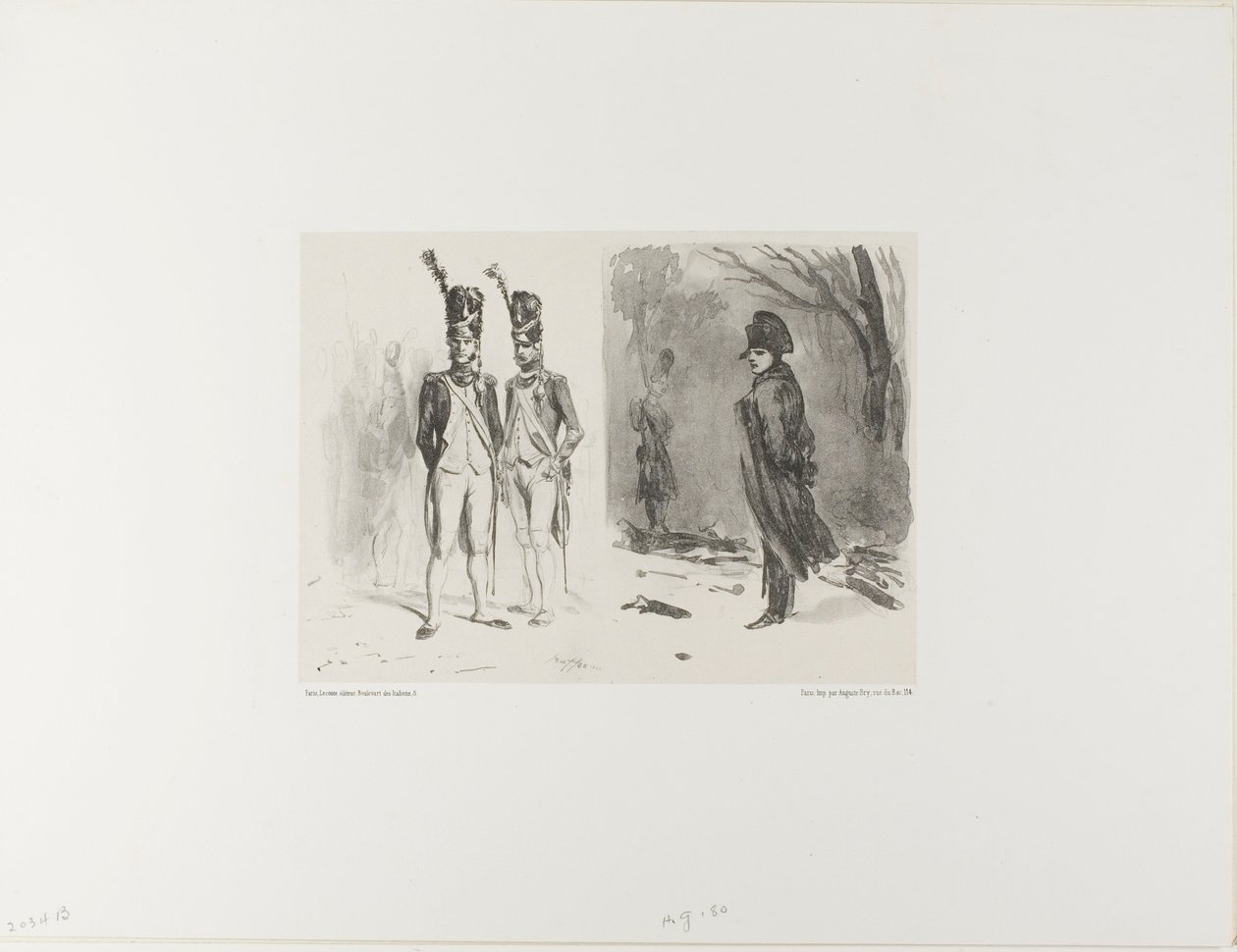 Blad met Schets (Grenadier van de Garde, Napoleon in een Bivak) door Denis Auguste Marie Raffet