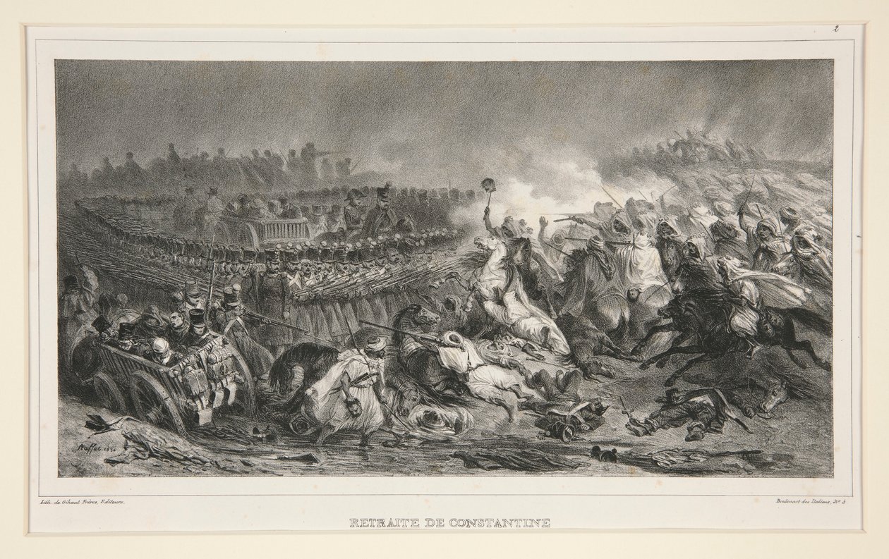 De 2e lichte cavalerie die de aanval van de Arabieren weerstaat, uit een set van zes, getiteld Retraite de Constantine door Denis Auguste Marie Raffet