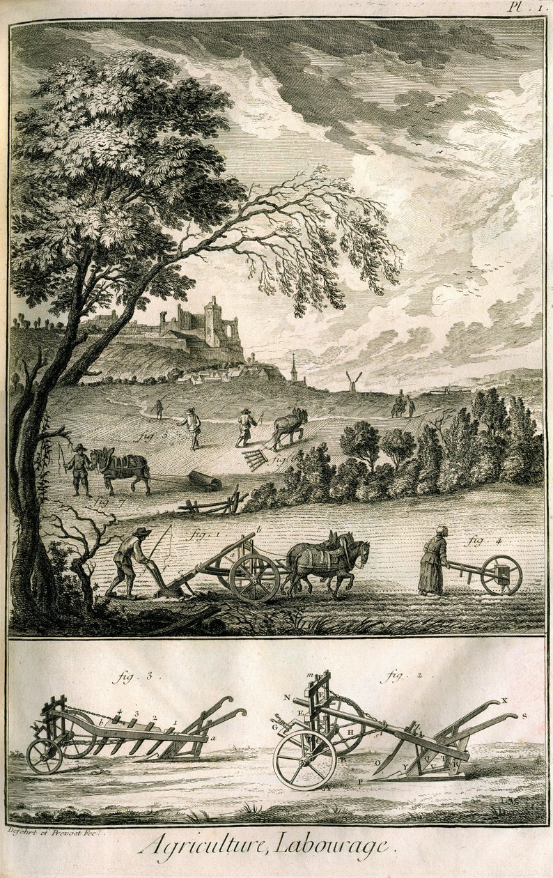 Veldwerk - Landbouw, zaaien, ploegen. Diverse modelrollen en ploegen: Plaat uit een volume illustraties uit de Encyclopedie van Diderot, originele editie 1762 door Denis Diderot