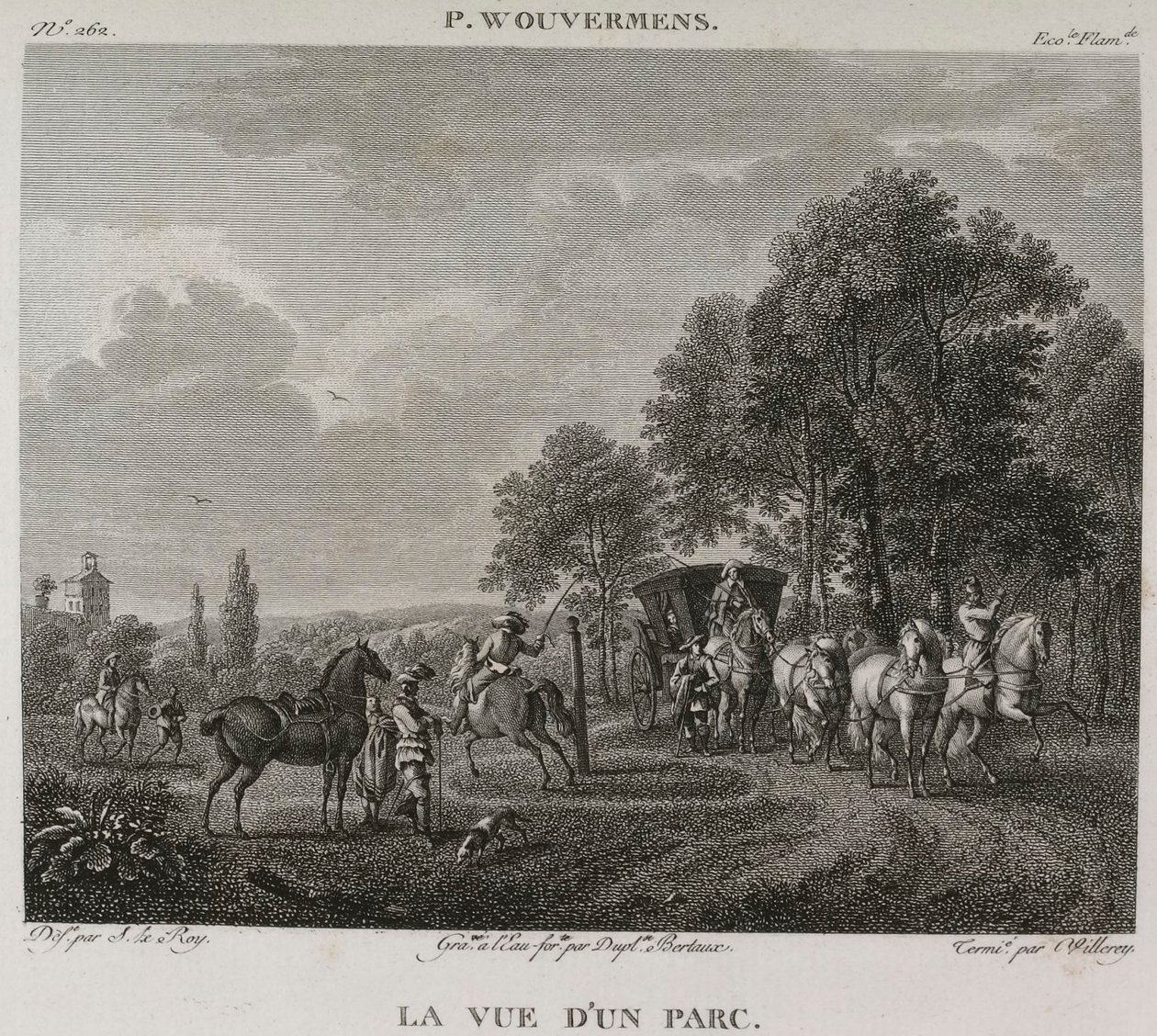 Denis-Sébastien Leroy, Antoine-Claude-François Villerey en Jean Duplessis-Bertaux - Gezicht op een park, naar Wouwerman - 1802-1815 door Denis Sebastien Leroy