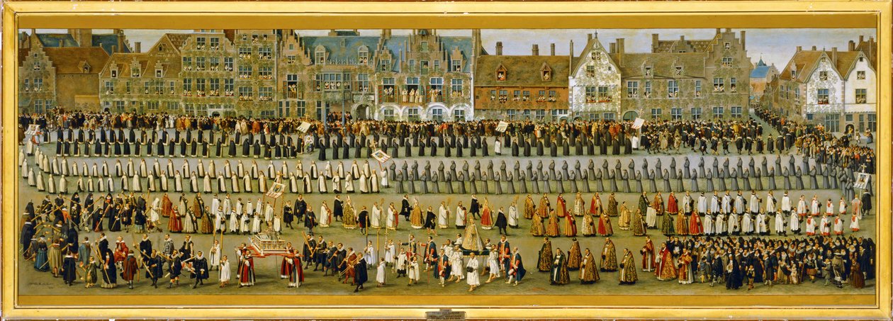 Feestelijkheden van de Ommeganck of Papagayo, in Brussel: Processie van religieuze ordes en monniken ... (schilderij op doek) door Denys van Alsloot