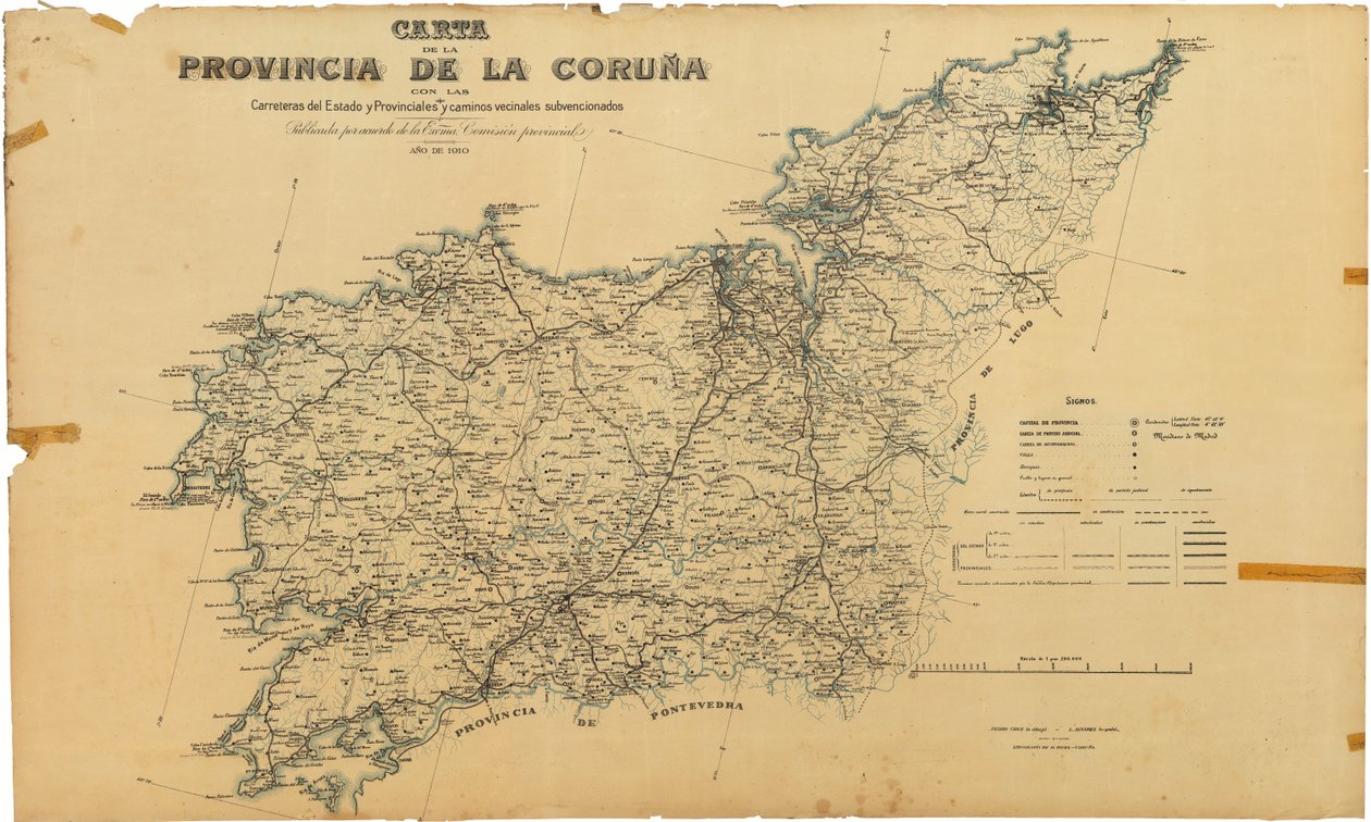 Kaart van de provincie A Coruña met de staats- en provinciale wegen en gesubsidieerde buurtwegen. Gepubliceerd door overeenkomst van de Eerbare Provinciale Commissie door Deputación da Coruña
