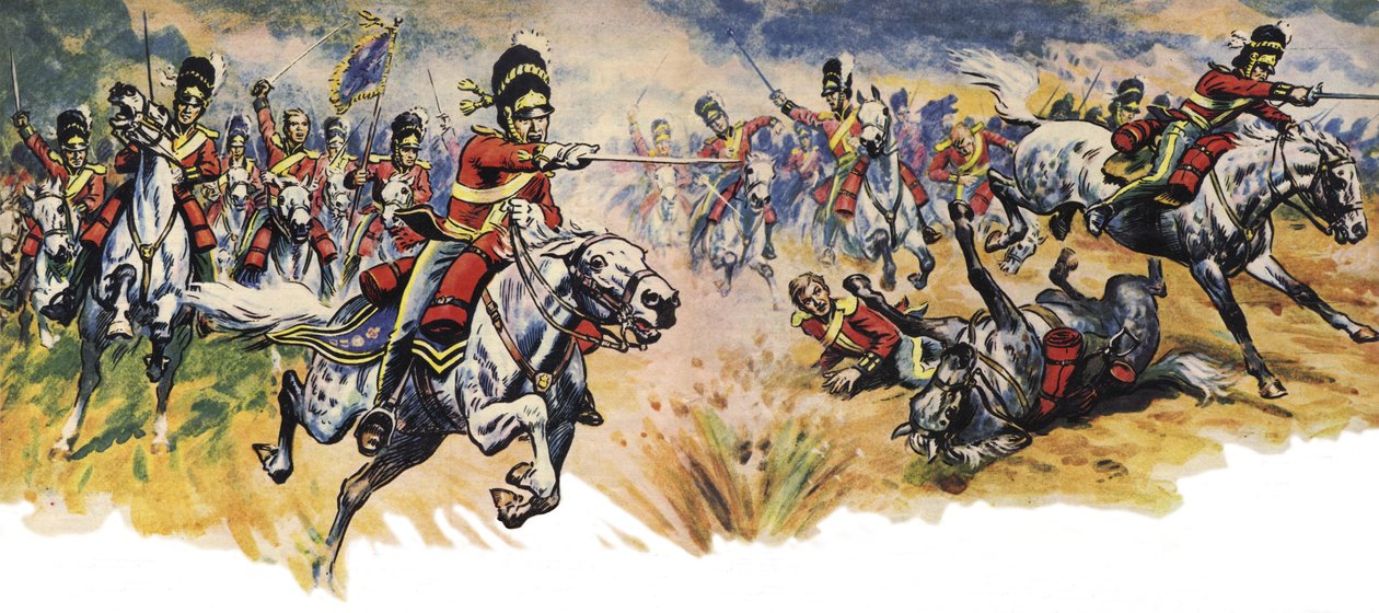 "Into Them, Greys!" De charge van de Union (Cavalerie) Brigade tijdens de Slag bij Waterloo (kleurenlitho) door Derek Charles Eyles