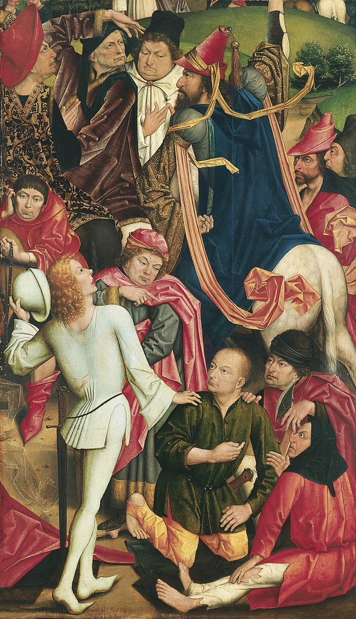 Ridders en soldaten dobbelen om de mantel van Christus door Derick Baegert