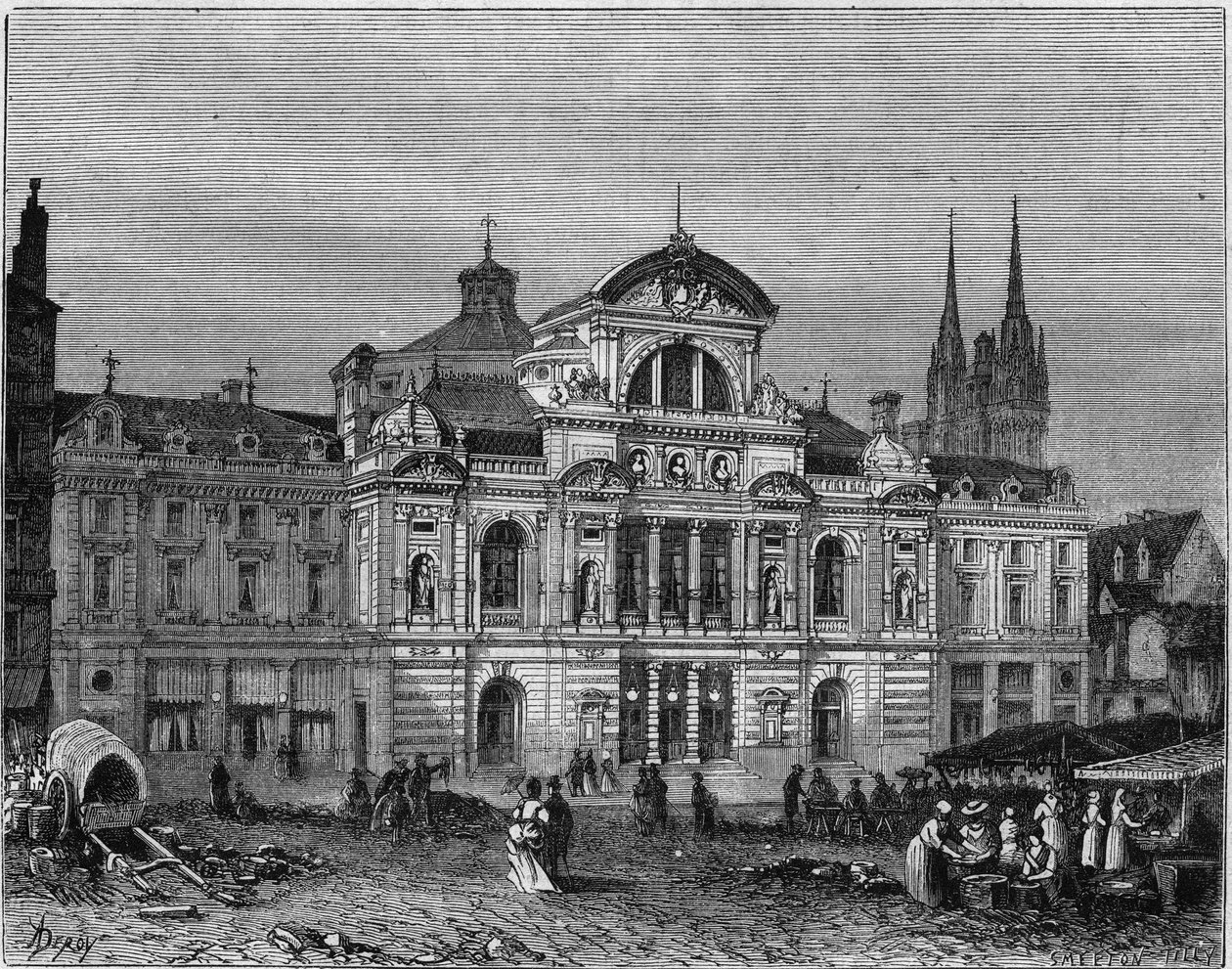 Buitenzicht van het Grand Theatre van Angers, voltooid in 1871 volgens de plannen van architect Lucien Botrel. Maine et Loire (49) door Deroy (after)