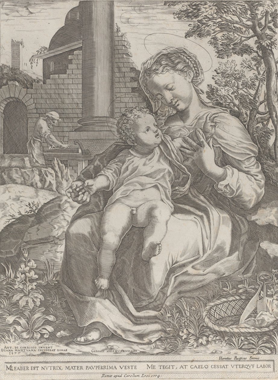 De Heilige Familie in Egypte, met Jozef als timmerman op de achtergrond door Diana Mantuana