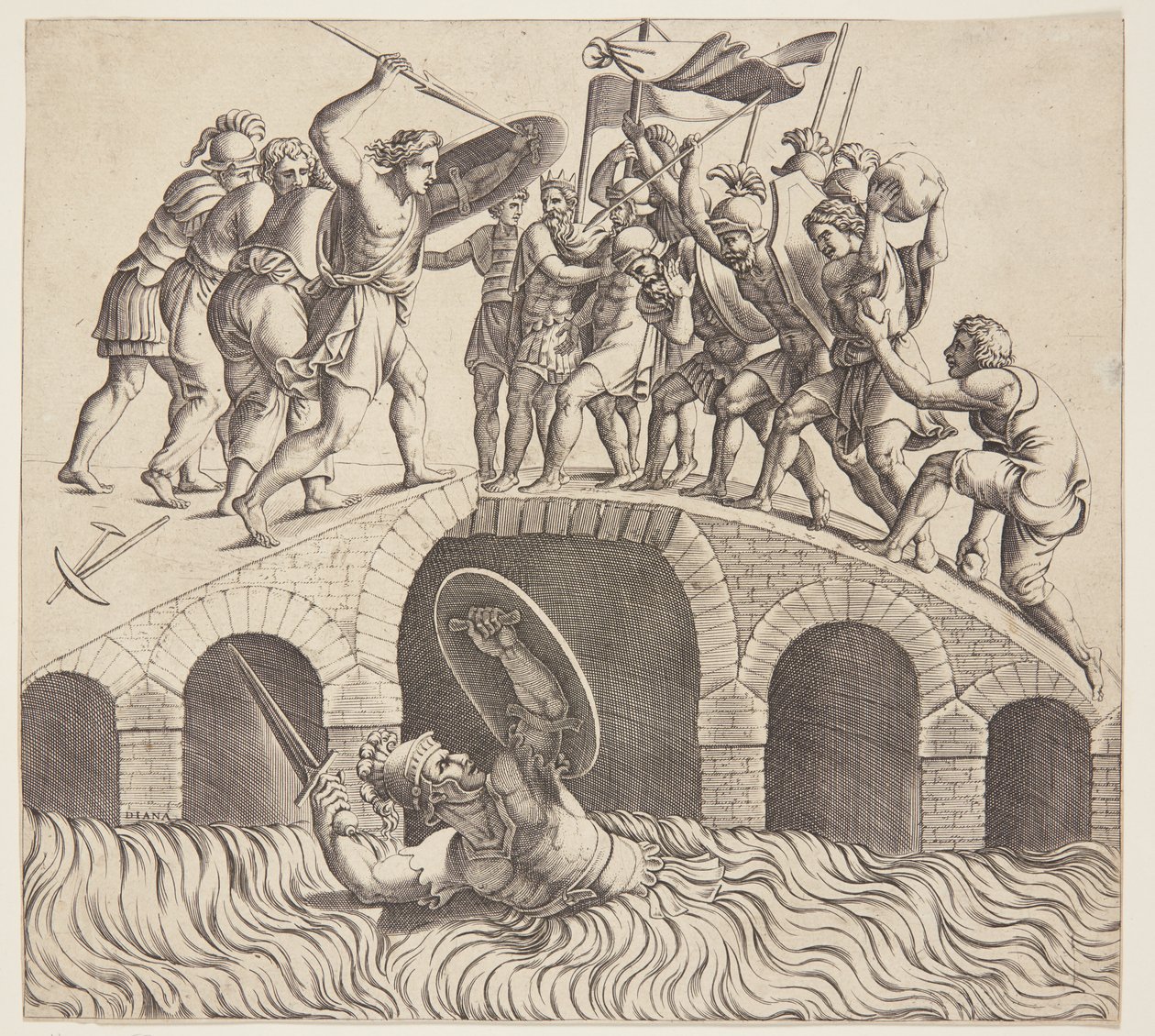 Horatius Cocles ontsnapt in de Tiber door Diana Scultori