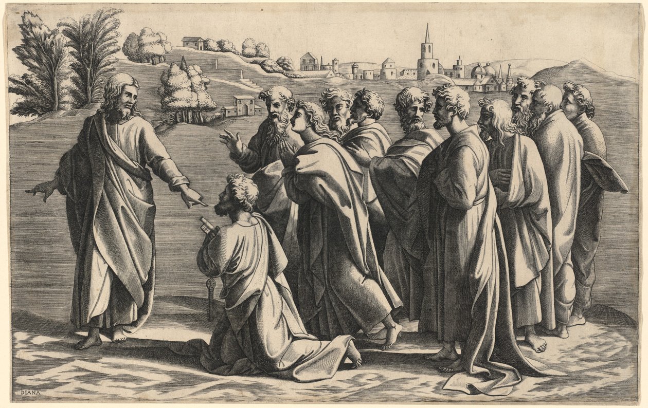 Christus maakt Sint-Pieter hoofd van de kerk door Diana Scultori after Raphael