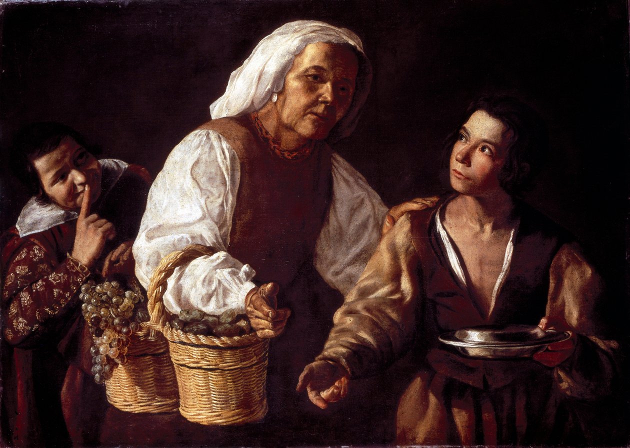 De twee jongens en de oude fruitvrouw of de oude fruitverkoopster (Dos muchachos y vieja con fruta o La vieja frutera) door Diego Rodriguez de Silva y (attr. to) Velazquez