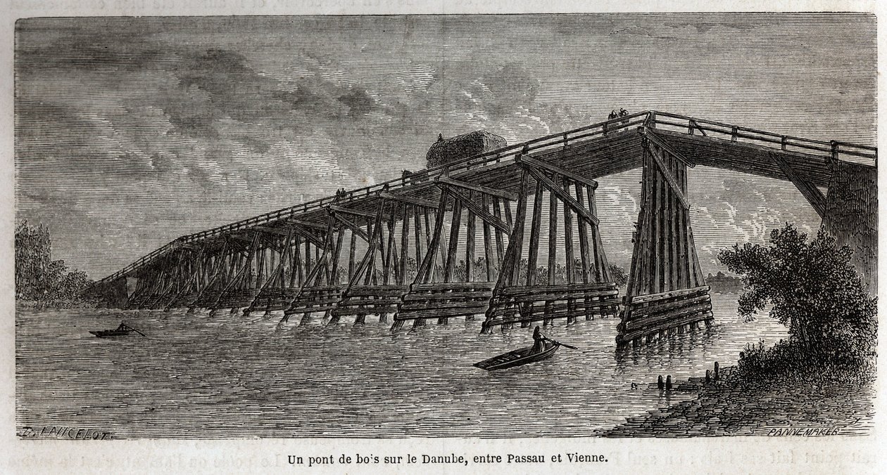 Een houten brug over de Donau, tussen Passau en Wenen door Dieudonne Auguste Lancelot