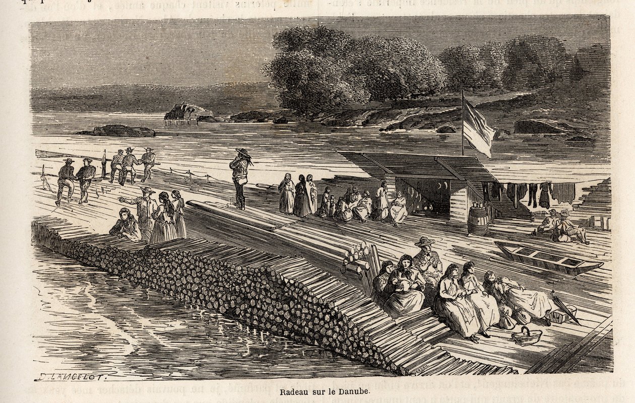 Een houten vlot op de Donau, voor het transport van goederen en mensen door Dieudonne Auguste Lancelot