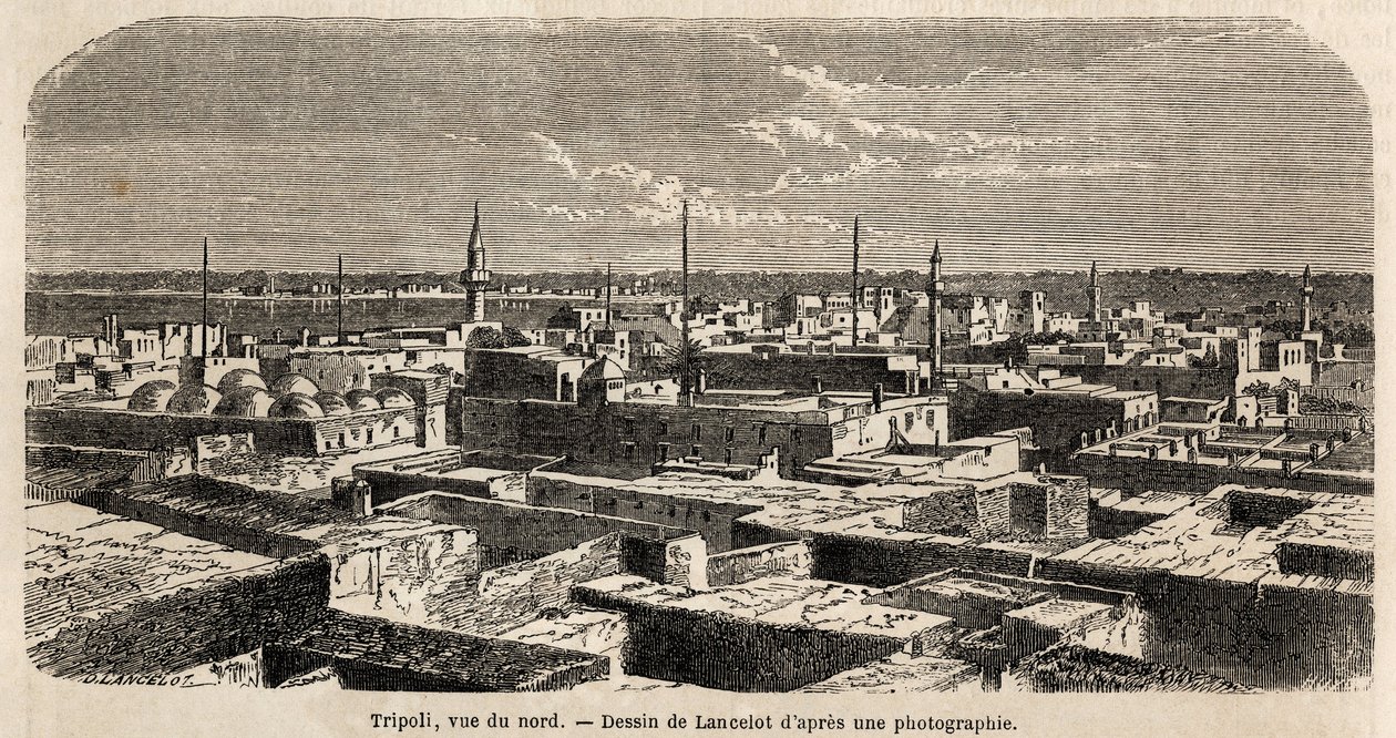 Algemeen zicht op Tripoli, tekening door Lancelot, ter illustratie van de Tripolitaanse wandelingen, in 1860, van de Baron de Krafft. Gravure in 