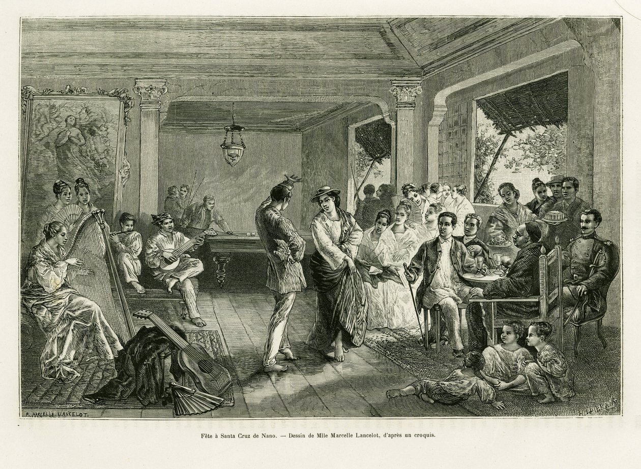 Feest in Santa Cruz de Nano. Gravure door Lancelot ter illustratie van het verhaal Lucon en Palaouan, zes jaar in de Filippijnen, door Alfred Marche (1844-1898), in le tour du monde 1886, onder leiding van Edouard Charton (1807-1890), Hachette, Parijs. door Dieudonne Auguste Lancelot
