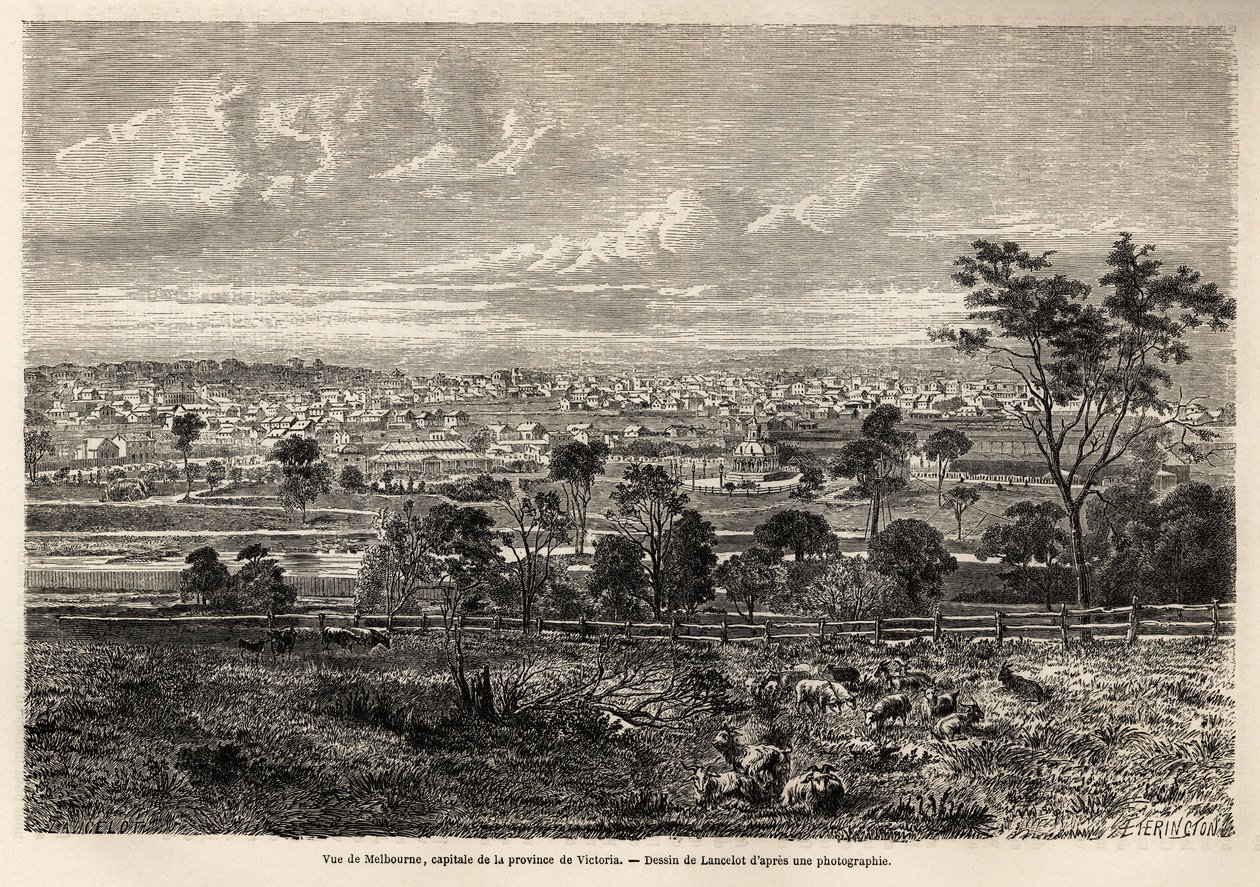 Uitzicht op Melbourne (Australië), tekening door Lancelot, ter illustratie van de herinneringen van een Franse squatter in Australië, in 1854-1859, door M. de Castella. Gravure in 